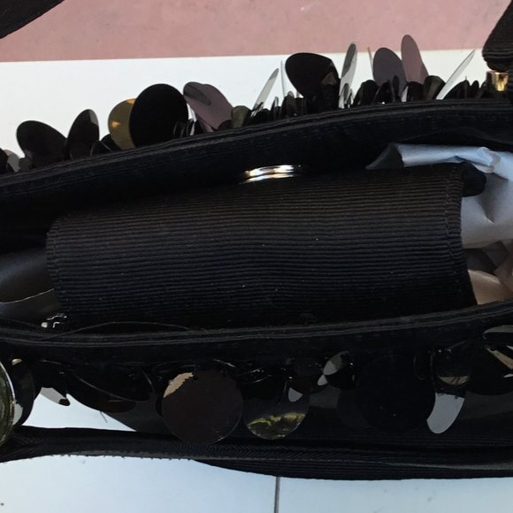 Talbots Black Ribbed Satin Hard Shell Tote Handbag w Paillette Sequins - Picture 7 of 9